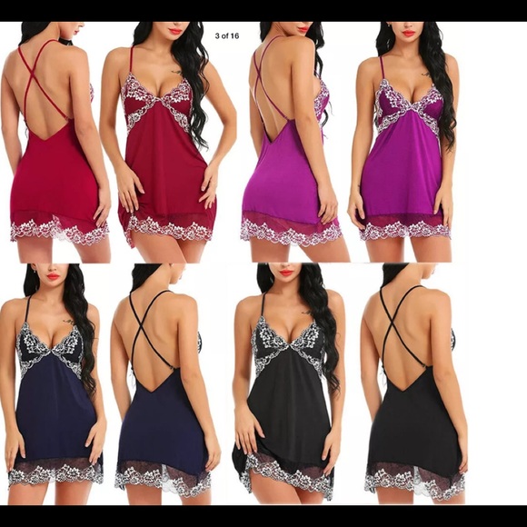 Dark Blue Sexy Open Back Lace Lingerie Nightdress - Picture 3 of 4